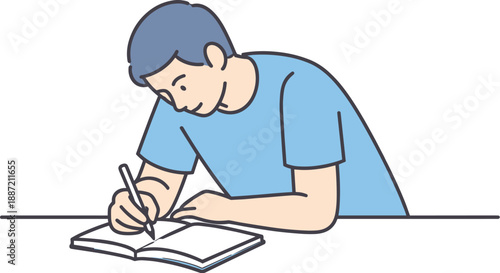 Quiet Notetaking Scene. Man leans over a table jotting down thoughts in a notebook quietly Minimalist flat line vector