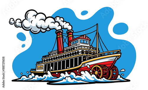 Vibrant steamboat cruising through choppy waters with smoke billowing