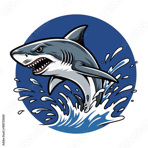 Fierce shark jumping out of water with open mouth and sharp teeth