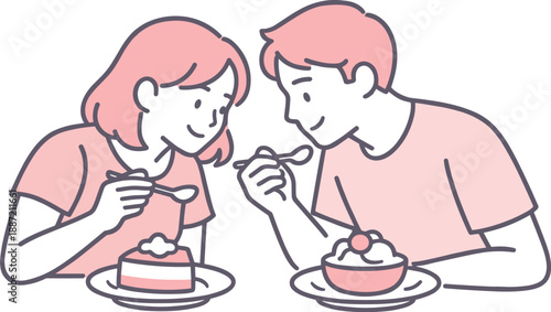 Couple Sharing Dessert. Couple leans toward each other tasting dessert from shared plates calmly Minimalist flat line vector