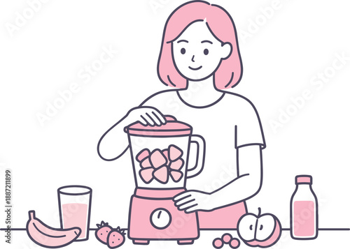Simplified Smoothie Preparation. Woman blends fruits in a mixer while calmly making a smoothie at home Minimalist flat line vector