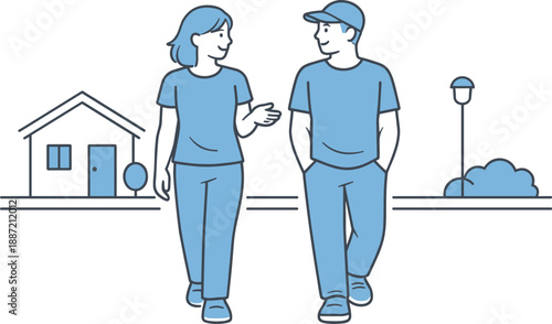 Friendly Stroll Illustration. Two friends stroll slowly along a neighborhood street enjoying conversation Minimalist flat line