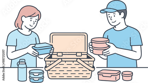 Family Picnic Preparation. Two parents place food containers into a picnic basket while planning quietly Minimalist flat line