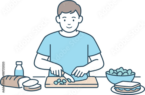 Man Preparing Lunch. Man chops ingredients on a small counter while making a simple lunch Minimalist flat line vector illustration
