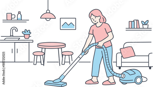 Minimalist Vacuuming Scene. Woman vacuums the floor in a compact living space with steady relaxed movements Minimalist flat line
