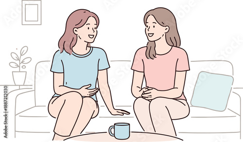 Calm Friendship Chat. Two friends sit side by side in a living room talking calmly and relaxed Minimalist flat line vector