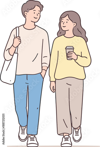 Calm Couple Stroll. Couple walks slowly side by side sharing a calm everyday lifestyle moment Minimalist flat line vector