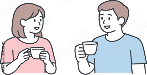 Family Tea Time. Two family members hold tea cups while enjoying a quiet evening conversation Minimalist flat line vector