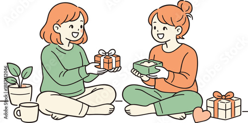Friends Exchanging Gifts. Close friends sharing small gifts in a calm moment, seated comfortably with gentle gestures and cheerful