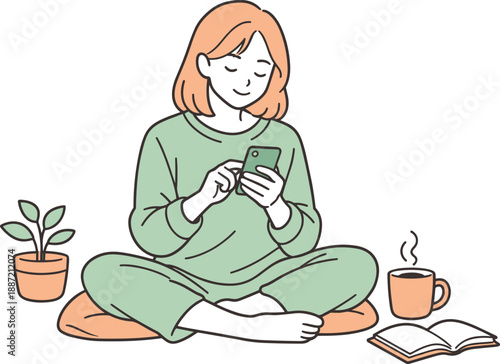 Morning Message Serenity. Woman checking messages in the morning light, seated quietly with gentle focus and peaceful expression,
