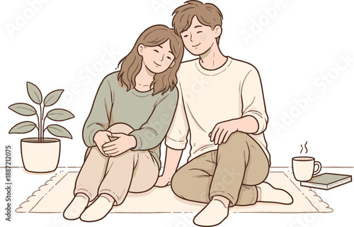 Serene Partners. Partners sitting side by side in peaceful silence, gentle body language and stillness suggesting comfort and