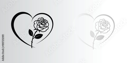 Rose flower in heart shape line art romantic love illustration