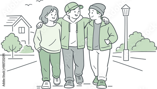 Peaceful Neighborhood Stroll. Close friends taking a calm walk around their neighborhood, easy pace and gentle gestures suggesting