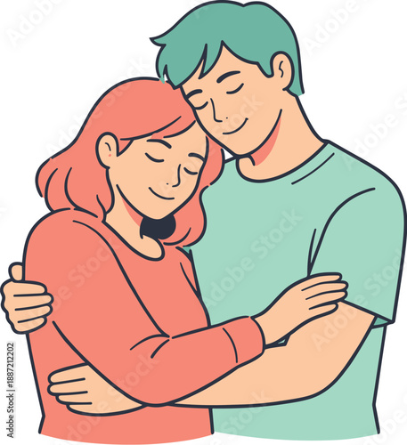 Couple enjoying a soft affectionate hug, slight lean toward each other and relaxed poses capturing emotional warmth, minimalist
