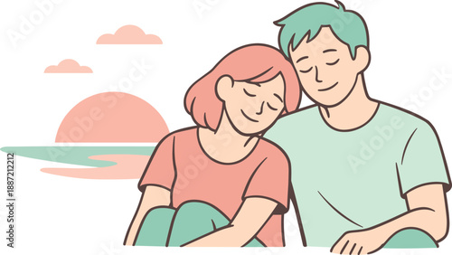 Romantic partners enjoying a gentle sunset pause, calm smiles and stillness conveying closeness and ease, minimalist flat vector