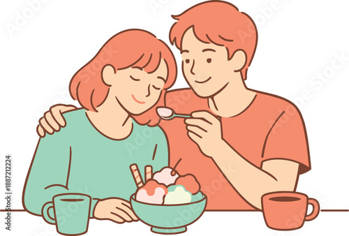 Romantic partners enjoying a shared dessert moment, gentle smiles and relaxed poses conveying affection and comfort, minimalist