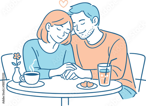 Romantic partners sharing time at a cafe table, sitting close with unhurried posture and calm expressions capturing intimacy,