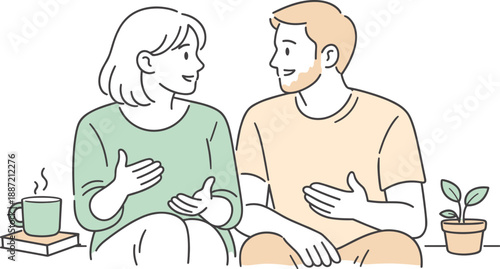 Partners sharing a peaceful talk, seated side by side with attentive listening and subtle hand gestures suggesting understanding,