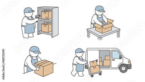Warehouse Logistics Vector Illustration Set Featuring a Worker Scanning Inventory, Packing Boxes, Labeling Shipments, and Loading a Delivery Van with a Hand Truck in a Simple Outline Style.
