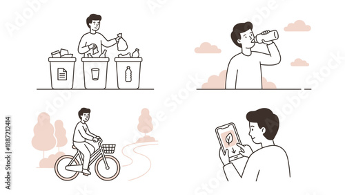 Vector Illustration Set of Sustainable Lifestyle Habits Featuring a Man Recycling Waste, Drinking from a Reusable Bottle, Riding a Bicycle, and Using an Eco-Friendly App for Green Living.