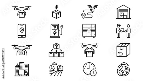 Set of 16 Drone Delivery and Logistics Line Icons Featuring Smart Shipping Technology, Warehouse Management, Package Tracking, Eco-Friendly Transport, Smart Lockers, and Distribution Services