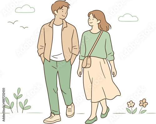 Man and woman enjoying a spring stroll together, walking side by side with relaxed posture and light smiles in a fresh seasonal