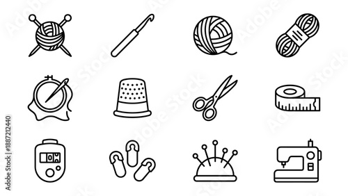 Set of 12 minimalist knitting and needlework line icons featuring yarn, crochet hook, sewing machine, scissors, thimble, and measuring tape. Ideal for craft blogs, DIY projects, and hobby designs.