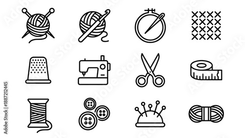 Minimalist vector line icons for knitting, sewing, and needlework. Set includes yarn, needles, crochet hook, embroidery hoop, thimble, sewing machine, scissors, tape measure, thread, buttons, and