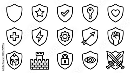 Set of 15 minimalist shield and defense protection line icons featuring symbols like a star, checkmark, key, heart, cross, lightning bolt, gear, arrow, fist, helmet, wall, lock, eye, and swords.