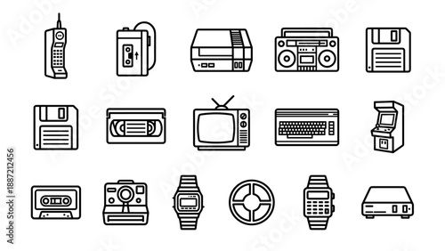 Set of 16 retro technology line icons from the 80s and 90s featuring a brick phone, cassette player, game console, boombox, floppy disk, VHS tape, CRT TV, keyboard, arcade machine, and polaroid