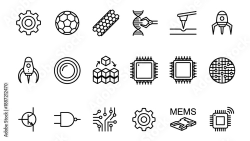 Set of 18 Nanotechnology and Microchip Line Icons Featuring Carbon Nanotubes, DNA Manipulation, MEMS, Transistors, and Semiconductor Processors for Scientific Research and Engineering Design