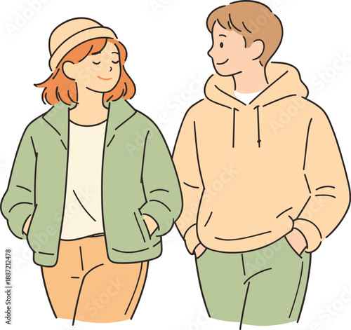 Friends enjoying fresh air together outdoors, two people standing or walking side by side with relaxed posture and calm smiles in