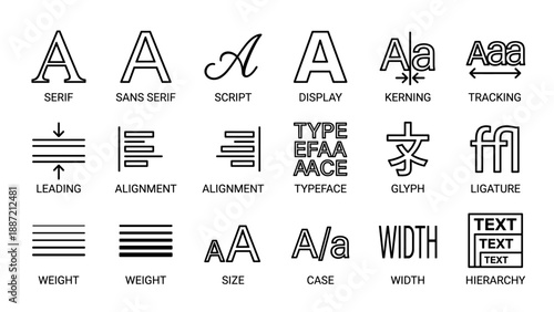 Minimalist Vector Typography and Font Design Icon Set Featuring Serif, Sans Serif, Script, Kerning, Tracking, Leading, Alignment, Typeface, Glyph, Ligature, Weight, Size, Case, Width, and Hierarchy.