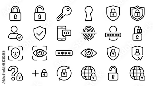 Set of 24 Security and Authentication Line Icons Featuring Padlocks, Keys, Fingerprint Scanners, Face Recognition, Eye Scans, Passwords, and Shield Protection for Digital Privacy and Cyber Safety.