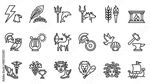 Set of 18 Greek Mythology and Olympian God Line Icons Featuring Zeus, Poseidon, Athena, and Medusa Symbols in a Minimalist Vector Style for Educational, Historical, and Creative Design Projects
