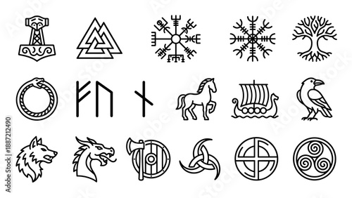 Set of 18 Viking and Norse Mythology Line Icons Featuring Mjolnir, Valknut, Vegvisir Compass, Yggdrasil Tree, Longship, Runes, Raven, Wolf, and Ancient Scandinavian Symbols for Minimalist Design.