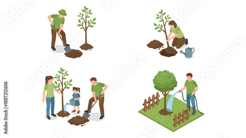 Isometric Vector Illustration Set of People Planting Trees, Gardening, and Reforestation. Scenes include digging holes, planting saplings, family teamwork, and watering for sustainability.
