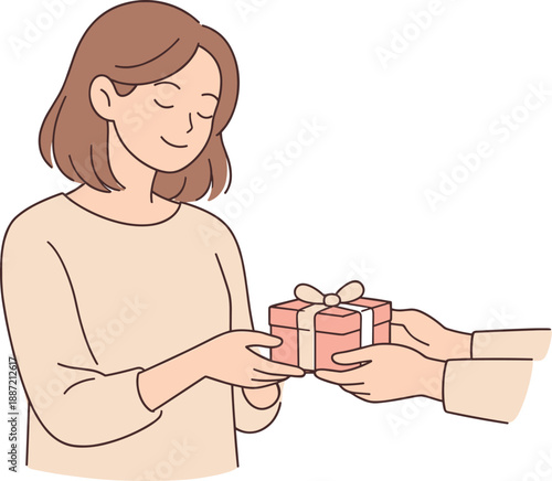 Woman receiving a thoughtful gift with a warm smile, standing calmly as she accepts a small present with relaxed posture and