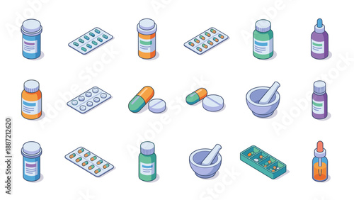 Comprehensive Isometric Pharmacy Icon Collection with Medicine Bottles, Pill Blister Packs, Capsules, Tablets, Mortar and Pestle, and Droppers for Medical Healthcare and Drugstore Design.