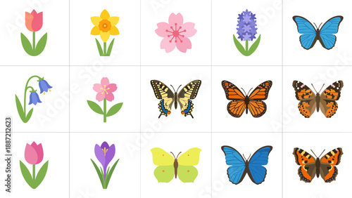 Set of 15 flat design vector icons for spring, featuring colorful flowers like tulips, daffodils, and cherry blossoms alongside diverse butterfly species such as monarch and blue morpho.