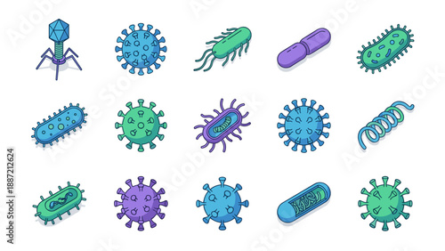 Isometric Vector Icon Set of Viruses and Bacteria; Detailed Microbiology Illustrations of Pathogens, Germs, and Microorganisms for Medical, Science, Healthcare Research, and Educational Design.