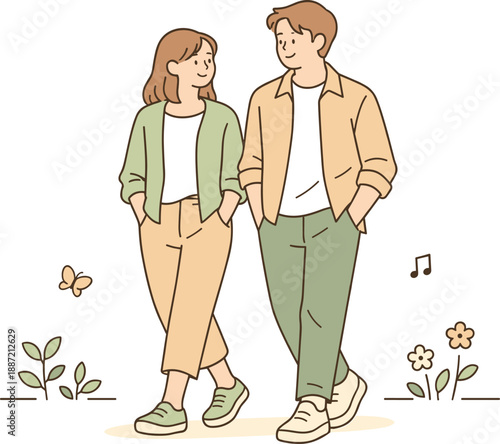 Man and woman enjoying a spring stroll together, walking side by side with relaxed posture and soft smiles in mild fresh weather,