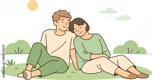 Couple relaxing in a sunny park together, two partners sitting on the grass with relaxed posture and gentle smiles enjoying warm