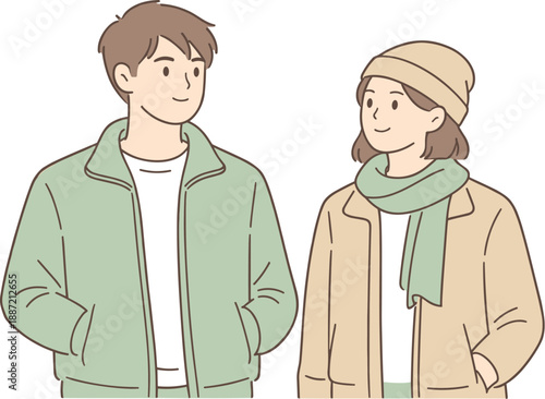 People wearing light jackets in mild weather, two individuals standing side by side with relaxed posture and calm expressions