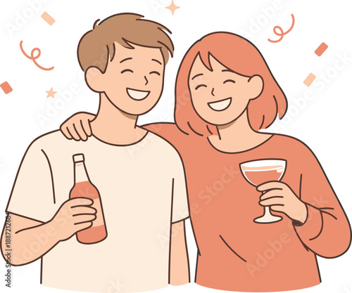 Friends smiling in a festive moment together, two people standing close with relaxed posture and joyful expressions celebrating