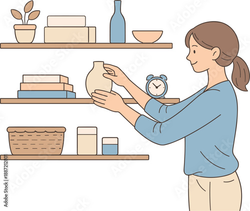 Woman arranging home shelves neatly, standing calmly and placing items in order with relaxed posture and focused expression,