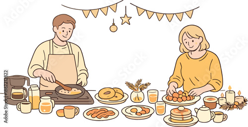 Parents preparing festive breakfast together in a cozy kitchen, two adults calmly cooking and arranging food with relaxed posture