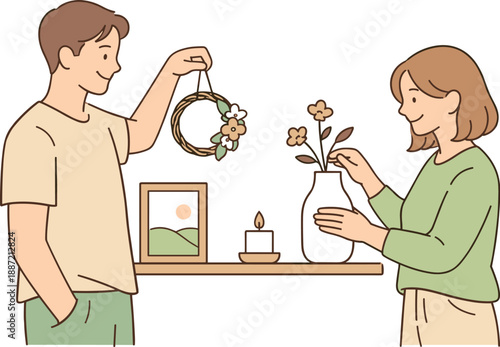 Couple decorating home for spring together, two partners standing close and arranging simple decor with relaxed posture and