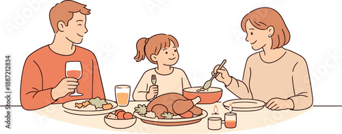 Family sharing a holiday meal together, parents and child sitting around a table with relaxed posture and warm smiles in a cozy