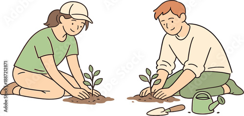 Friends planting young trees together outdoors, two people kneeling and gently placing small saplings into the ground with